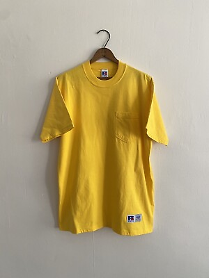 #ad Vintage Russell Athletic Blank T Shirt Gold Yellow USA Made High Cotton Unworn M $30.00