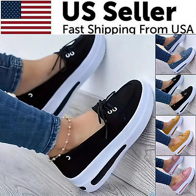 #ad Women Block Shoes Slip On Closed Toe Platform Flat Wedge Casual Lace Up Sneakers $15.89