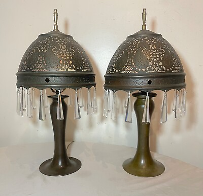 #ad pair of antique ornate patinated bonze Austrian reticulated electric table lamps $949.99