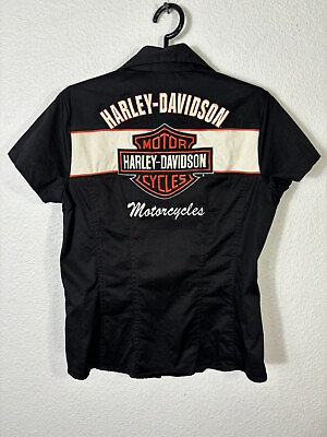 #ad Harley Davidson Shirt Womens Small Black Garage Short Sleeve Embroidered $49.99