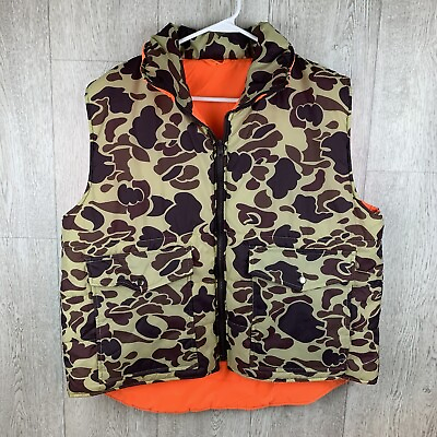#ad Vintage Frog Camo Vest Mens Large Brown Bubble Puffer Hunting Reversible Winter $19.93