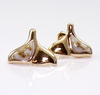 #ad 14K Yellow Gold Bearing Quartz Whale Tail Ocean Post Earrings LME2 $899.99