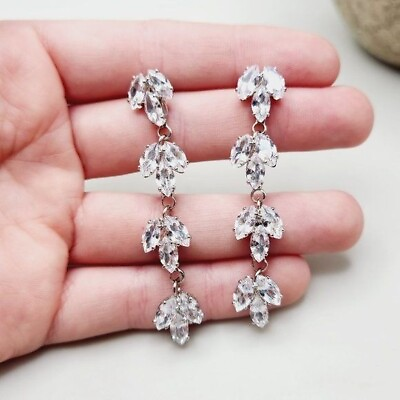 #ad Sparkly Clear Crystal Rhinestone Long Drop Dangle Stud Silver Tone Earrings $13.00