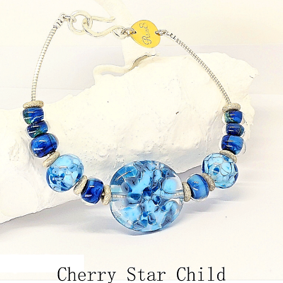 #ad Sterling 925 silver blue cobalt glass bead comfort bracelet fritwork silverglass AU $125.00