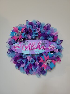 #ad ALOHA Summer Spring Mesh Front Door Wreath Wall Decor BRIGHT Purple Pink Blue $49.99
