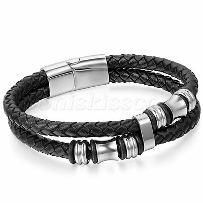 #ad Men#x27;s Multilayer Braided Leather Stainless Steel Magnetic Bracelet Bangle Cuff $9.99