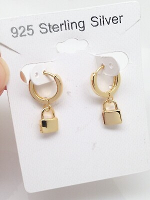#ad Solid Lock Dangle Huggie Hoop Earrings 925 Sterling Silve Gold Plated 22mm 0.87quot; $31.95