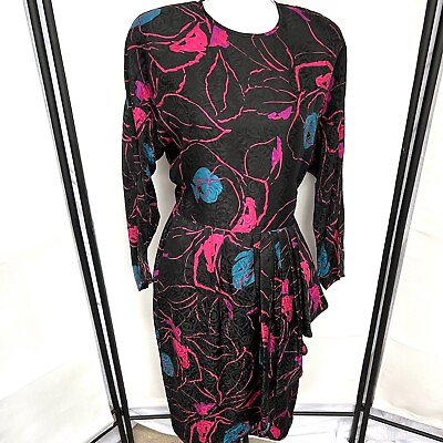 #ad #ad Silk Studio Womens Size 10 Silk Dress Black Pink Floral D3 Vintage 80s $49.94