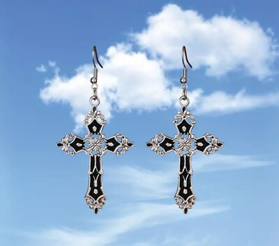 #ad Pair Gothic Cross Design Dangle Earrings Black $7.99