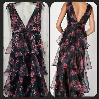 #ad LULUS Size LARGE Garden Radiance Black Floral Print Organza Tiered Maxi Dress $55.10