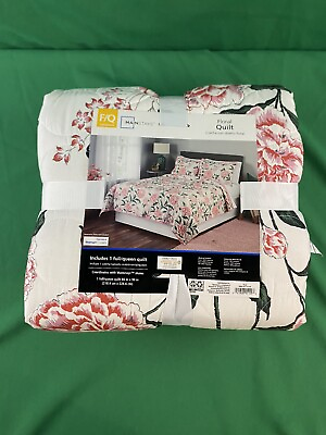#ad Mainstays White Quilt Pink Green Floral Full Queen F Q $35.62