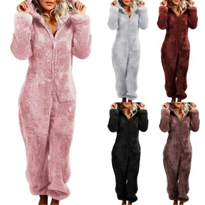 #ad Luxury Fluffy Fur All In One Warm Fleece Hooded Ladies Winter Jumpsuit Pjs Women $35.45