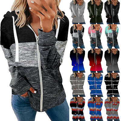 #ad Women Long Sleeve Full Zipper Hoodie Jacket Casual Pocket Stripd Sweatshirt Coat $28.85