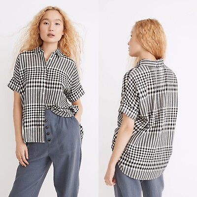 #ad Madewell Black White Double Faced Plaid Courier Pintuck Back Shirt Size Small $34.99