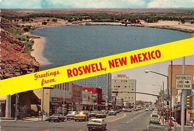 #ad Roswell NM New Mexico GREETINGS Street Scene Bottomless Lake Park 4X6 Postcard $5.04