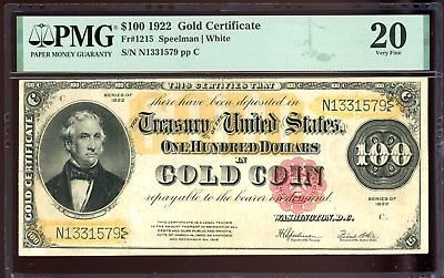 #ad 1922 $100 Gold Certificate Bill FR 1215 Certified PMG 20 Very Fine $1980.75