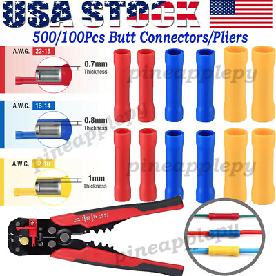 #ad 500 100Pcs Insulated Straight Butt Connectors Cable Wire Crimp Terminals Pliers $14.99