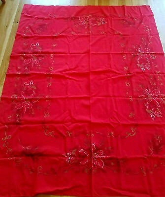 #ad Vtg California Handprints Tablecloth Xmas Poinsettia Red Gold 51quot; x 64quot; Pine $34.00
