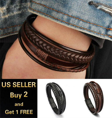#ad Men Jewelry Black Braided Leather Bracelet Multi Layer Stainless Steel Clasp A $5.99