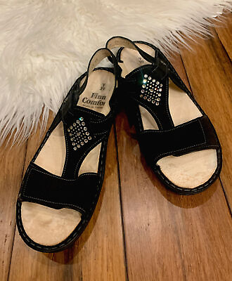 #ad NWOB FINN Comfort Calvia Jeweled Black Leather Strappy Sandals Sz 39 US 9 $285 $145.00