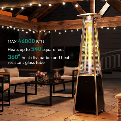 #ad Patio Heater Propane 46000 BTU Pyramid Flame Outdoor Heater Glass Tube Wheels $220.99