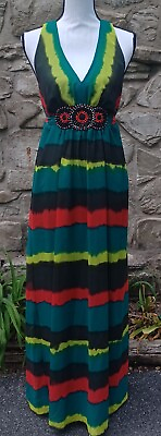 #ad Eci Womens Size 4 Green Red Stripe Embellished Sleeveless Dress With Belt $19.90