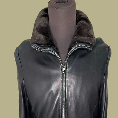 #ad Marc New York Andrew Marc Black Leather Coat Jacket Zip Faux Fur Liner Large $225.00