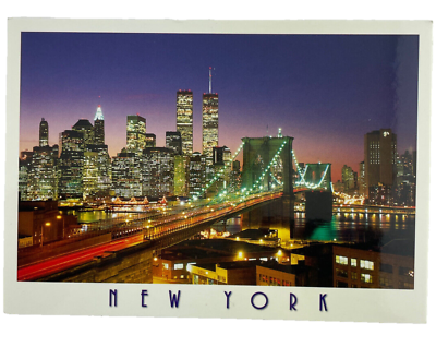 #ad Vintage Shaukat Postcard Brooklyn Bridge View Downtown Manhattan Twin Tower 1997 $9.99