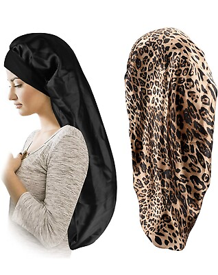 #ad 2 Pcs Hair Bonnets for Women Satin Black Leopard Soft Elastic Band Silky Slee... $6.99