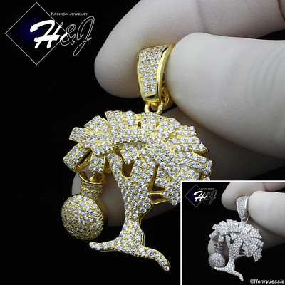 #ad MEN WOMEN 925 STERLING SILVER ICY CZ GOLD PLATED SILVER MONEY TREE PENDANT*SP225 $39.99