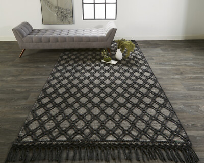 #ad Durable 2#x27; X 3#x27; Black And Ivory Wool Geometric Hand Woven Area Rug With Fringe $54.14