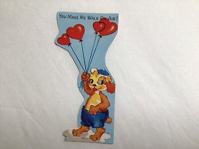 #ad Vintage Die Cut Valentine’s Day Greeting Card Dog Walk on Air Heart Balloon 755A $3.95