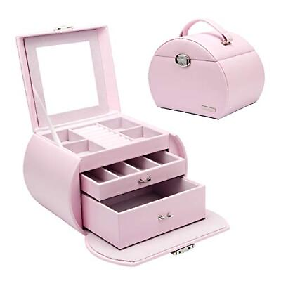 #ad Homde Girls Jewelry Box Pink Storage Case Organizer Faux Leather with Mirror $32.87