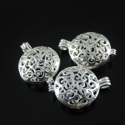 #ad 4pcs Silver Tone Brass 24x18x8mm Hollowed Floral Locket Pendant Charms Findings $4.74