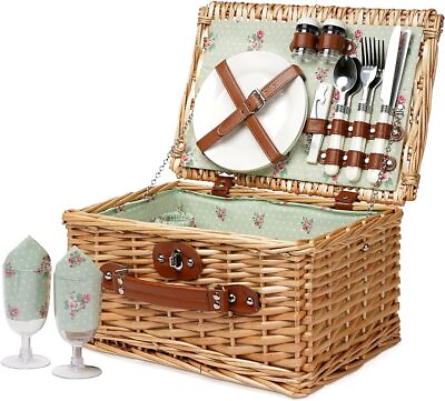 #ad Wicker Picnic Basket for 2 Handmade Willow Hamper Basket Sets 2 Person Picnic $40.91