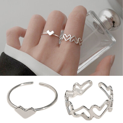 #ad 2Pcs Set Couple Rings Hollowed Heart Shape Open Ring Set Adjustable Jewelry Gift C $1.16