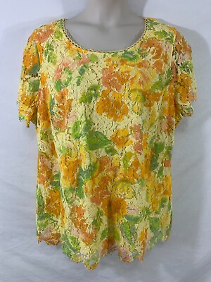 #ad ISAAC MIZRAHI LIVE Plus 2X Yellow Lace Floral Short Sleeve Shirt w Camisole $16.99