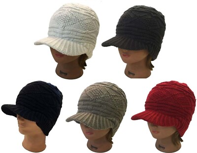 #ad Men Women Winter Knit Cap Beanie Ski Visor Cable knit Black Cap Hat $12.99