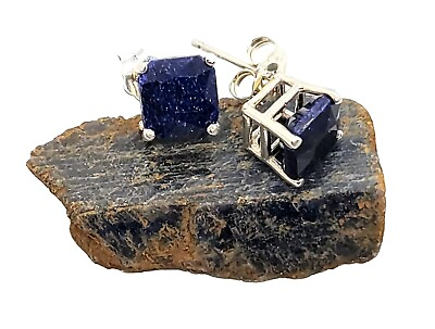 #ad Sapphire Earrings Natural Gemstones Blue Silver Womens 4 Carats Square $55.00
