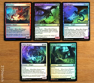 #ad Set of 5 Different FOIL Dragons Black Blue Green Red White *NM* MTG Magic $3.75