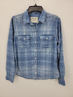 #ad Abercrombie amp; Fitch Top Womens Large Blue Plaid Chambray Button Up Long Sleeve $27.80
