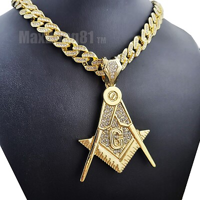 #ad Hip Hop Large Masonic pendant amp; Iced Cuban Cubic Zirconia Chain Bling Necklace $19.99
