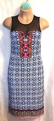 ECI New York Aztec Blue White Print Mesh Detail Women#x27;s Sheath Dress Large $6.99