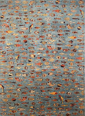 10x14 ft Blue Fish Gabbeh Afghan Hand Knotted Wool Trbal Area Rug $3499.00