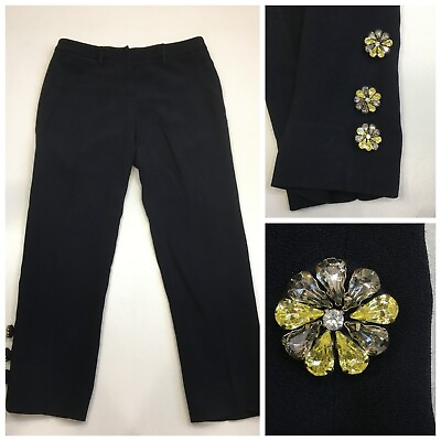 #ad MIU MIU Black Womens sz 38 Large Flower Rhinestone Hem Cropped Ankle Dress Pant $239.20