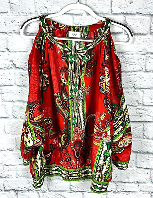 #ad eci New York Red Green Yellow Paisley Print Cold Shoulder Size XL Boho $11.99