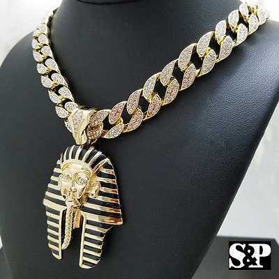 #ad Hip Hop Quavo Pharaoh Pendant amp; 15mm 16quot; Iced Cuban Choker Chain Bling Necklace $29.99