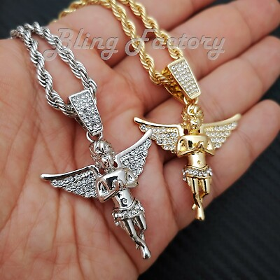 #ad Hip Hop Iced Baby Angel Pendant amp; 4mm 24quot; Rope Chain Bling Fashion Necklace $12.99
