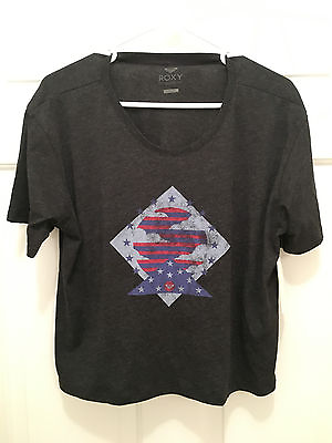 #ad NWT Roxy Women#x27;s American Patriotic Flag Gray Blue Loose Crop Top T Shirt Small $18.95