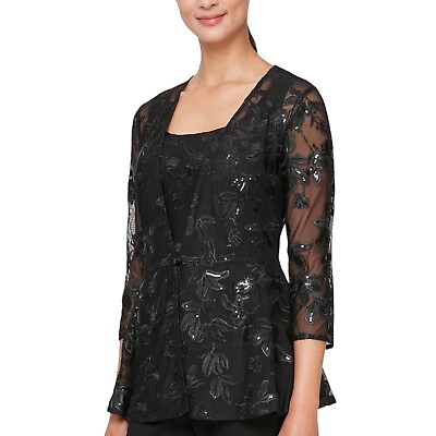 #ad ALEX EVENINGS Size 1X Black Embroidered 3 4 Sleeve Twinset NWT $74.98
